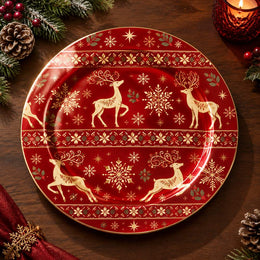 Christmas Decorative Charger Plate – Folk Border Reindeer decorative charger plate on a styled table.