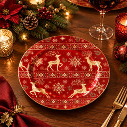Christmas Decorative Charger Plate – Folk Border Reindeer decorative charger plate on a styled table.