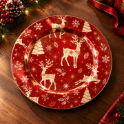 Christmas Decorative Charger Plate – Reindeer Gold Trees decorative charger plate on a styled table.