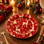 Christmas Decorative Charger Plate – Reindeer Gold Trees decorative charger plate on a styled table.