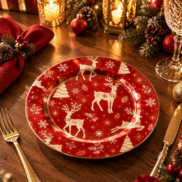 Christmas Decorative Charger Plate – Reindeer Gold Trees decorative charger plate on a styled table.
