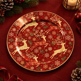 Christmas Decorative Charger Plate – Ornate Gold Reindeer decorative charger plate on a styled table.