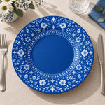 Daily Decorative Charger Plate – Blue Border White Daisy decorative charger plate on a styled table.