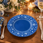 Daily Decorative Charger Plate – Blue Border White Daisy decorative charger plate on a styled table.