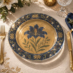Daily Decorative Charger Plate – Blue Gold Lily Band decorative charger plate on a styled table.