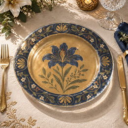 Daily Decorative Charger Plate – Blue Gold Lily Band decorative charger plate on a styled table.