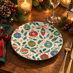 Christmas Decorative Charger Plate – Bauble Ribbon Allover decorative charger plate on a styled table.