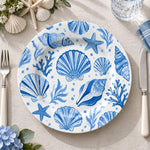 Daily Decorative Charger Plate – Blue Coral Shells decorative charger plate on a styled table.