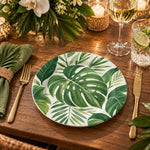 Daily Decorative Charger Plate – Monstera Palm Green decorative charger plate on a styled table.