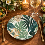 Daily Decorative Charger Plate – Green White Leaves decorative charger plate on a styled table.