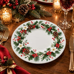 Christmas Decorative Charger Plate – Holly Wreath Berries decorative charger plate on a styled table.