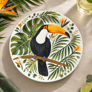 Daily Decorative Charger Plate – Toucan Palm Branch decorative charger plate on a styled table.