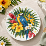 Daily Decorative Charger Plate – Blue Macaw Blooms decorative charger plate on a styled table.