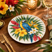 Daily Decorative Charger Plate – Blue Macaw Blooms decorative charger plate on a styled table.