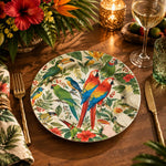 Daily Decorative Charger Plate – Macaw Pair Greenery decorative charger plate on a styled table.