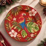Daily Decorative Charger Plate – Scarlet Macaw on Red Ground decorative charger plate on a styled table.
