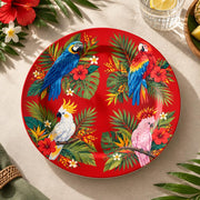 Daily Decorative Charger Plate – Red Ground Macaw Pair decorative charger plate on a styled table.