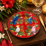 Daily Decorative Charger Plate – Red Ground Macaw Pair decorative charger plate on a styled table.