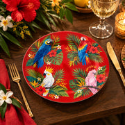 Daily Decorative Charger Plate – Red Ground Macaw Pair decorative charger plate on a styled table.