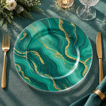 Daily Decorative Charger Plate – Green Marble Gold Sweep decorative charger plate on a styled table.