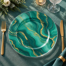 Daily Decorative Charger Plate – Green Marble Gold Sweep decorative charger plate on a styled table.
