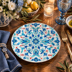 Daily Decorative Charger Plate – Blue White Floral Tile decorative charger plate on a styled table.