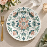Daily Decorative Charger Plate – Teal Folk Medallion decorative charger plate on a styled table.
