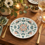 Daily Decorative Charger Plate – Teal Folk Medallion decorative charger plate on a styled table.
