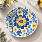 Daily Decorative Charger Plate – Blue Yellow Folk Bloom decorative charger plate on a styled table.