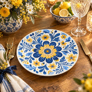 Daily Decorative Charger Plate – Blue Yellow Folk Bloom decorative charger plate on a styled table.
