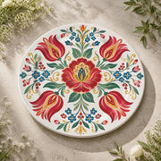 Daily Decorative Charger Plate – Red Blue Folk Tile decorative charger plate on a styled table.