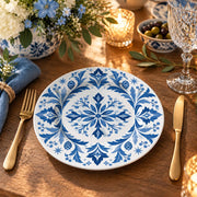 Daily Decorative Charger Plate – Blue White Tile Bloom decorative charger plate on a styled table.