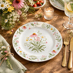 Daily Decorative Charger Plate – Sprig in Pink Green decorative charger plate on a styled table.