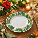 Daily Decorative Charger Plate – Green Leaf Allover White Bloom decorative charger plate on a styled table.