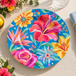 Daily Decorative Charger Plate – Blue Hibiscus Bright decorative charger plate on a styled table.