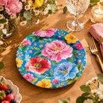 Daily Decorative Charger Plate – Blue White Bloom Medley decorative charger plate on a styled table.