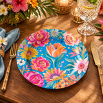 Daily Decorative Charger Plate – Blue Tulip Pink Bloom decorative charger plate on a styled table.