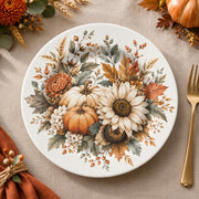 Daily Decorative Charger Plate – Pumpkin Sunflower Fall decorative charger plate on a styled table.