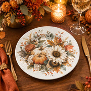 Daily Decorative Charger Plate – Pumpkin Sunflower Fall decorative charger plate on a styled table.