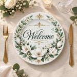 Daily Decorative Charger Plate – Welcome Laurel Wreath decorative charger plate on a styled table.