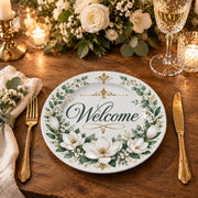 Daily Decorative Charger Plate – Welcome Laurel Wreath decorative charger plate on a styled table.