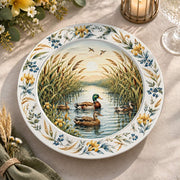 Daily Decorative Charger Plate – Autumn Pond Scene decorative charger plate on a styled table.
