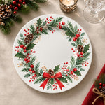 Christmas Decorative Charger Plate – Holly Ribbon Wreath decorative charger plate on a styled table.