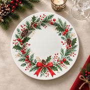 Christmas Decorative Charger Plate – Holly Ribbon Wreath decorative charger plate on a styled table.