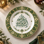 Ramadan Decorative Charger Plate – Green Gold Medallion decorative charger plate on a styled table.