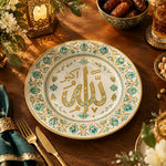 Ramadan Decorative Charger Plate – Mint Gold Sprig decorative charger plate on a styled table.