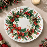 Christmas Decorative Charger Plate – Ribbon Holly Cluster decorative charger plate on a styled table.