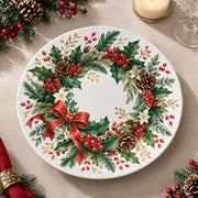 Christmas Decorative Charger Plate – Ribbon Holly Cluster decorative charger plate on a styled table.