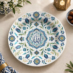Ramadan Decorative Charger Plate – Blue Floral Script decorative charger plate on a styled table.