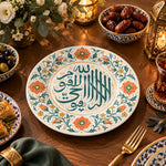 Ramadan Decorative Charger Plate – Orange Blossom Script decorative charger plate on a styled table.